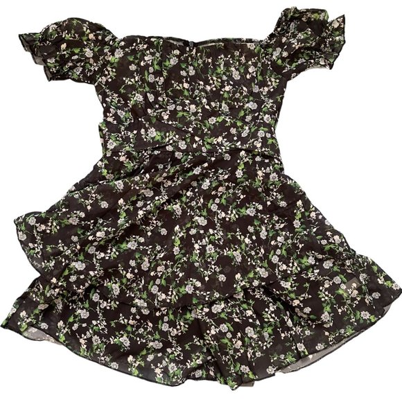 Womens Boho Playsuit Romper Small S Black Green Floral Off The Shoulders Lined - Picture 10 of 16